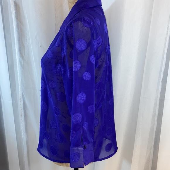 Dana Gibson Sheer Retro Blue Polka Dot Button Down Top M - Picture 8 of 12